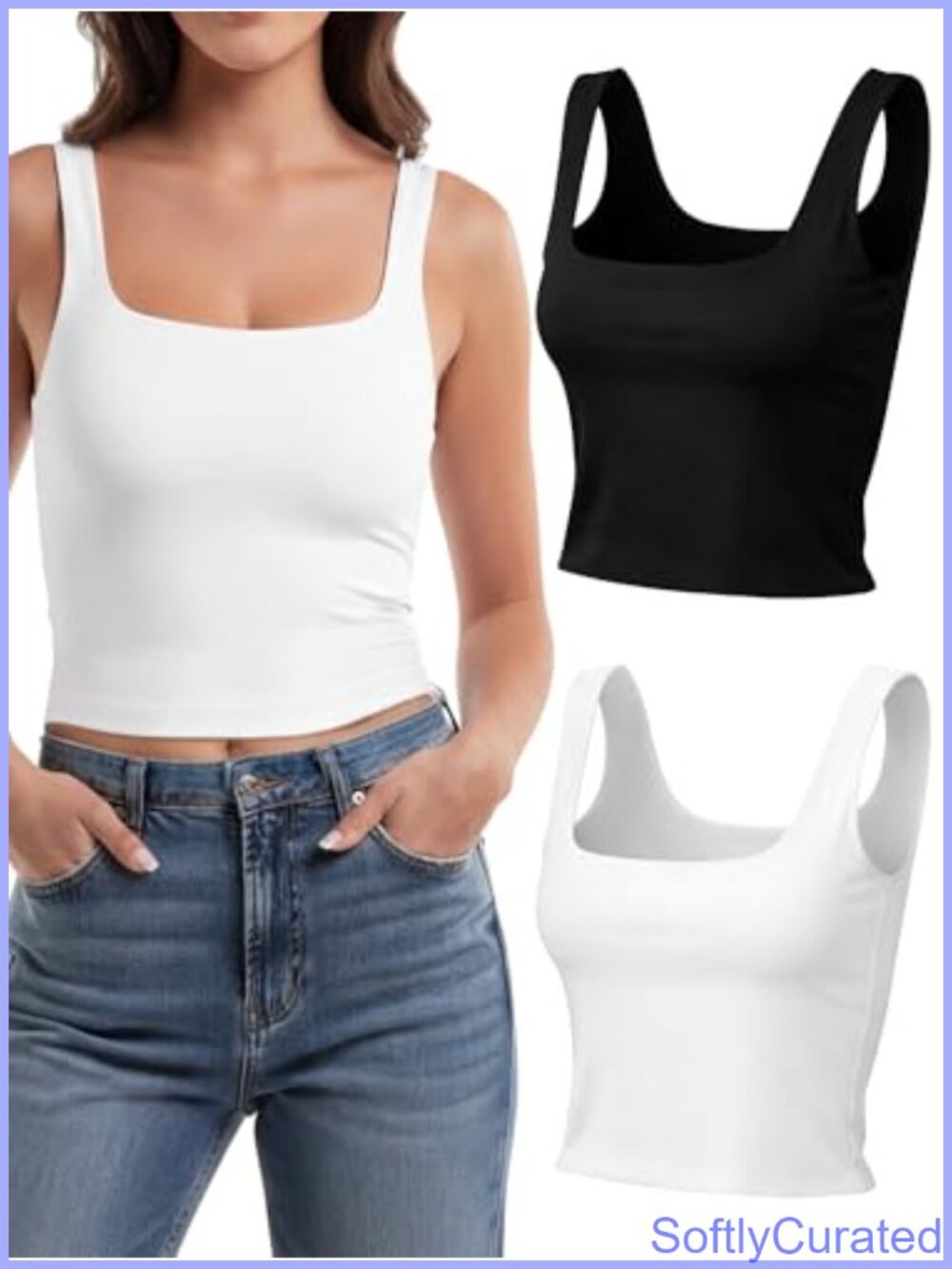 Square Neck Double Lined Ribbed Tank Top 2 Pack Sleeveless Cropped Casual